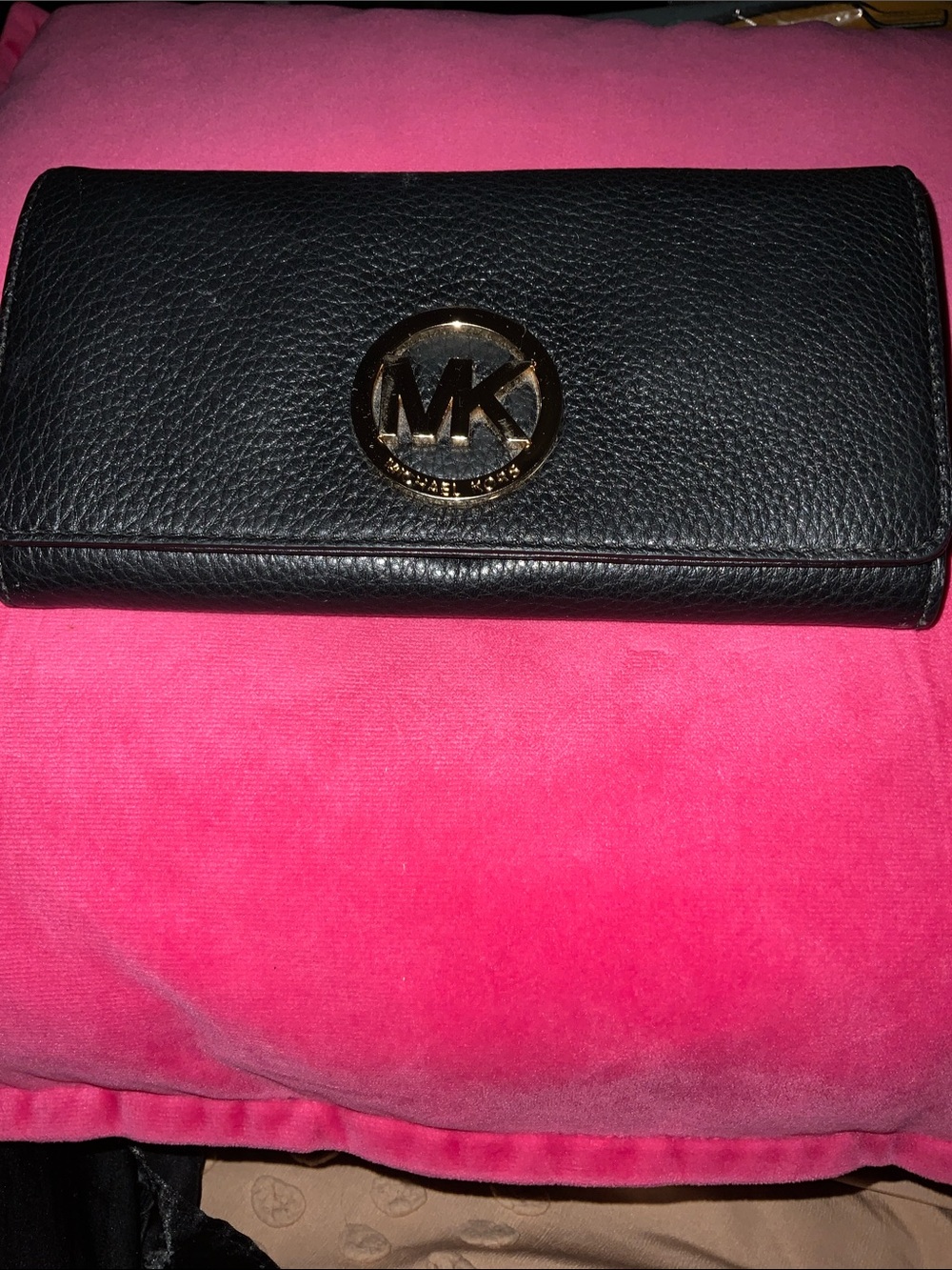 Michael Kors Black Pebbled Leather Wallet with Gold MK Emblem
